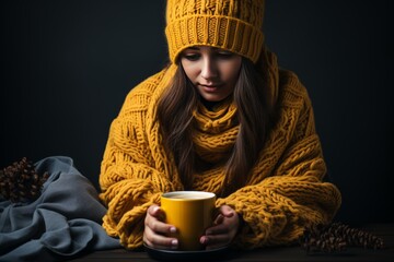 Cozy autumn scene. person holding steaming cup of tea on a chilly day - 748165231
