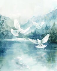 Watercolor depiction of doves over a peaceful Easter morning lake symbolizing serenity and purity of spirit - obrazy, fototapety, plakaty