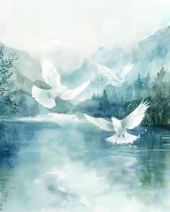 Deurstickers Watercolor depiction of doves over a peaceful Easter morning lake symbolizing serenity and purity of spirit © Shutter2U