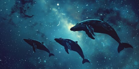 Whales soar through a starry sky their silhouettes majestic against the cosmos the moon guiding their path
