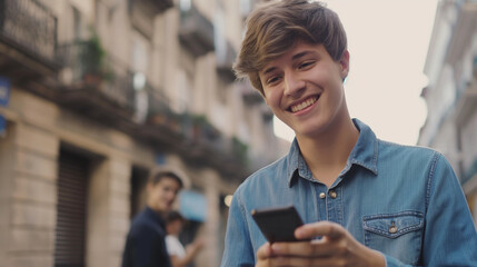 Um jovem bonito está usando seu celular e sorrindo enquanto está ao ar livre - obrazy, fototapety, plakaty