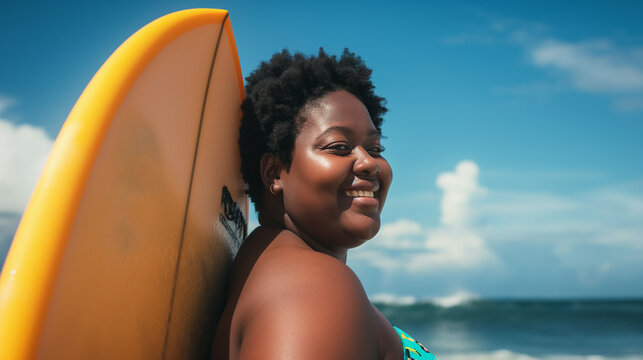 Retrato de uma mulher afro-americana sorridente com prancha de surf na praia