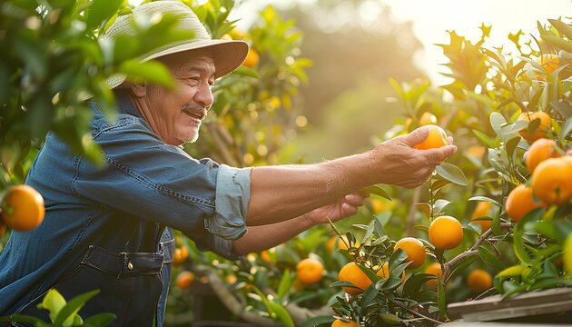 Man picking oranges off of an orange tree. Happy farmer picking an orange from his tree while the sun is shining. Orange picking season