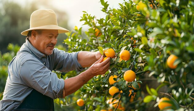 Man picking oranges off of an orange tree. Happy farmer picking an orange from his tree while the sun is shining. Orange picking season