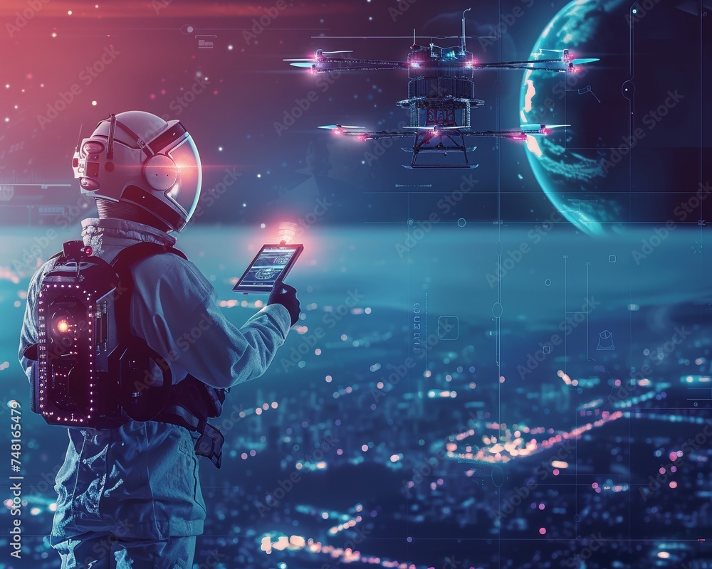 Poster teleporter technology in smart infrastructure aerial drones mapping the cosmic web space tourists in
