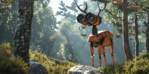 The national park thrives under the watchful eyes of a robot deer and forest ranger binoculars in tow conserving natural beauty - obrazy, fototapety, plakaty