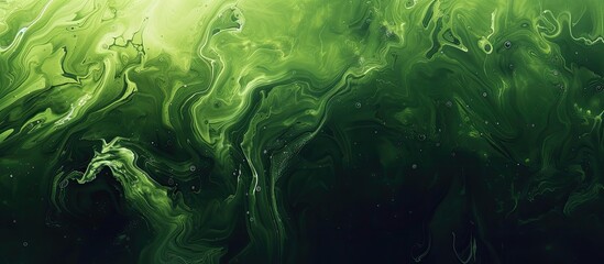 A vibrant green abstract paint swirls across a black background, creating a dynamic and colorful display of bubbles in various sizes. The bubbles appear to be floating and moving in a lively pattern