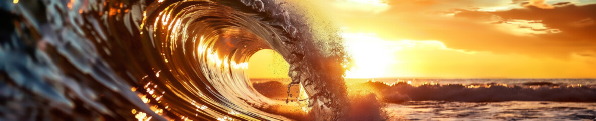 Sunlight tidal wave at sunset a giant wave reflecting the golden hues of the sun creating a majestic and awe inspiring ocean scene