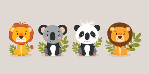 Cute animal mascot set -  tiger, panda, koala, lion on gray isolated background. Children's vector. For characters in children's books, comics, cartoons.