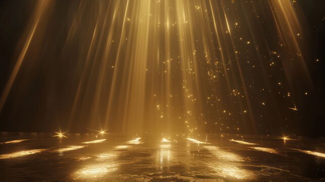 Golden light rays scene background resembling an award stage with rays and sparks