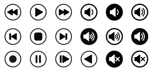 Music control buttons pause rewind stop vector icons set