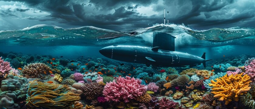 Submarine emerging near a coral reef colorful marine life under a stormy sky with thunder in the distance
