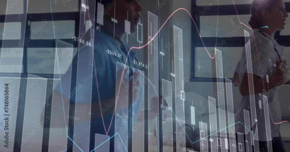 Poster animation of data processing and diagrams over diverse female doctors running