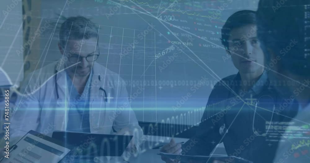Poster animation of data processing and diagrams over diverse doctors talking