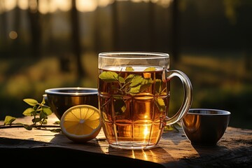 Relaxing and refreshing lemon and mint tea served on an old, rustic wooden table - 748165856