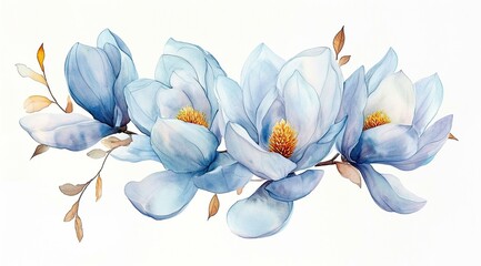 Watercolor blue magnolia branch isolated on white background