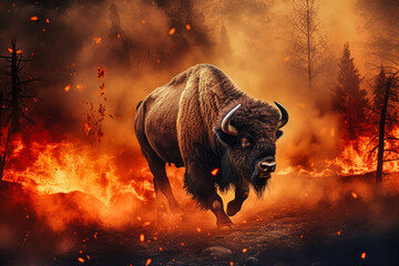 A bison stands in front of a raging fire in the woods, appearing determined and alert as it confronts the dangerous situation - obrazy, fototapety, plakaty