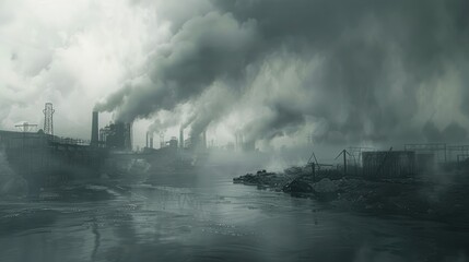 Aerial perspective, the power plant's towering pipes release black smoke into the atmosphere, contributing to pollution. Ecology concept. AI-generated.