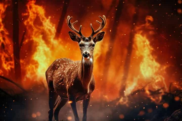 Plexiglas foto achterwand A deer stands in front of a forest engulfed in flames, highlighting the threat of a raging fire to wildlife and the environment © Anoo