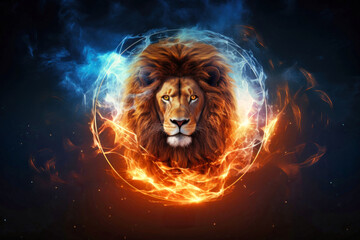 A lion stands proudly as a fiery ring surrounds it, symbolizing the Zodiac sign Leo
