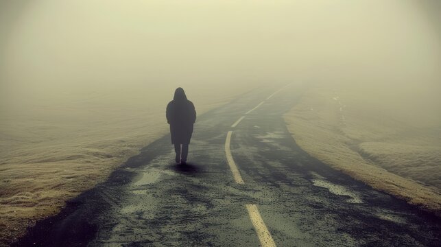 a person standing in the middle of a road in the middle of a foggy day with their back to the camera.