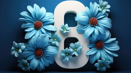 number 8 and blue flowers on a yellow background. Women's day, 8 March invitation card. spring and holiday.