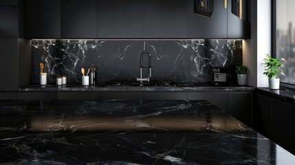 Modern empty black marble table for product display with kitchen room interior background