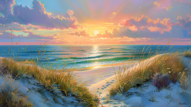 The tranquil beauty of a sunset on a dune beach, with the glowing sun setting on the horizon, casting vibrant colors across the sky and reflecting off the calm waters, offering a peaceful