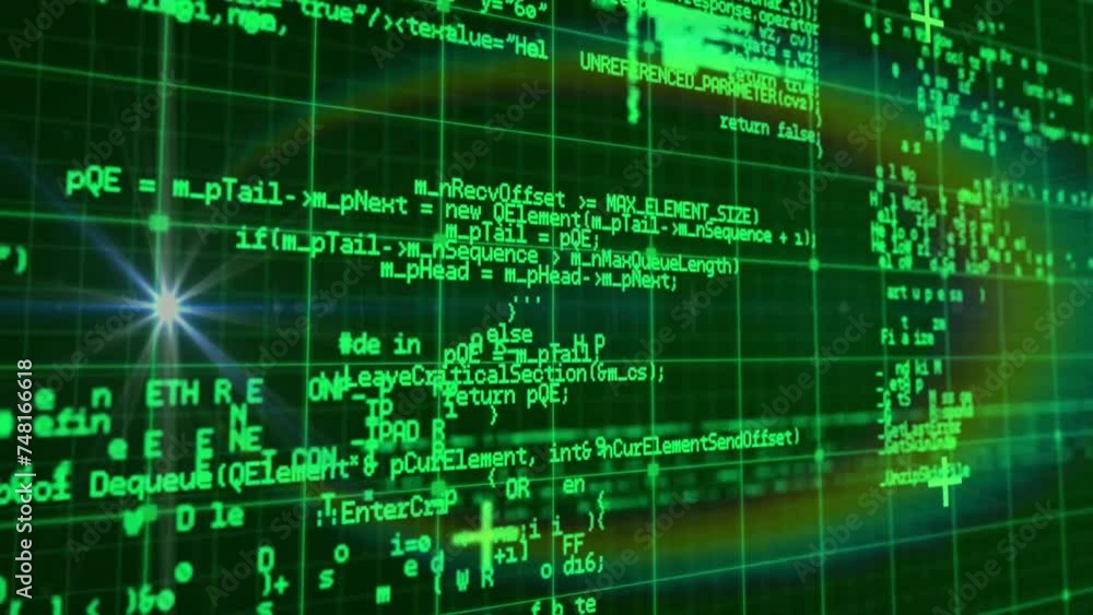 Poster animation of data processing and light spot over neon shapes
