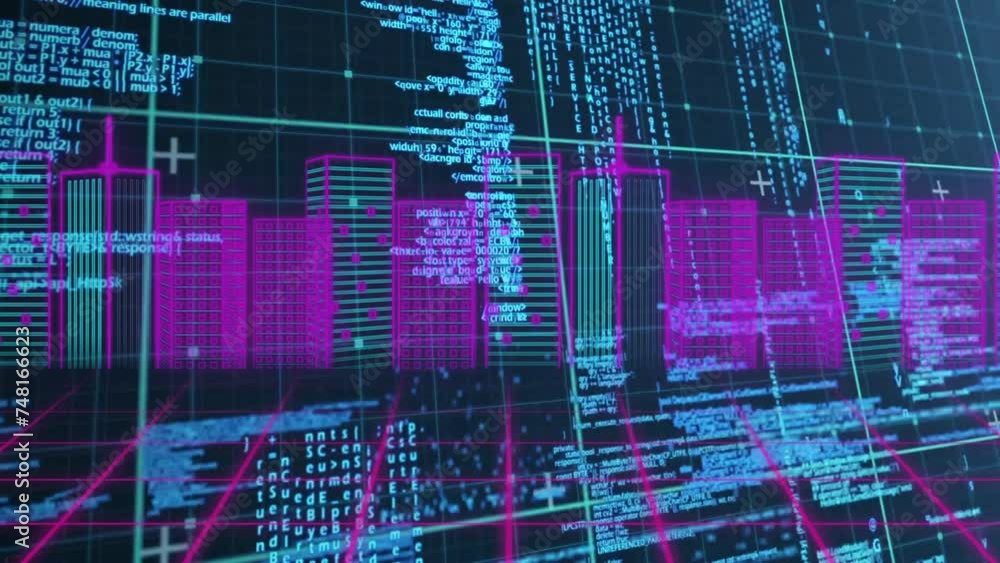 Poster animation of data processing and shapes over neon cityscape
