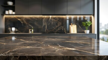 There is an empty black marble table for product display with a kitchen room interior background.
