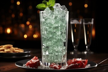 Refreshing glass of water with lemon, ice, and straw, resembling a mojito cocktail - 748166689