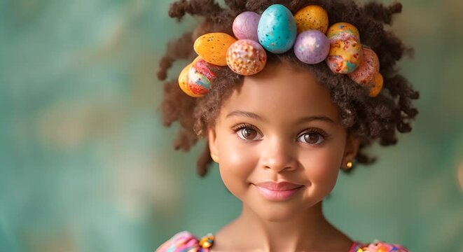 Cute African American little girl with painted Easter eggs decoration in hair on pastel green background. Stylish spring design portrait with eggs and flowers. Happy Easter Holiday 