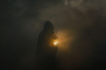 Mysterious Figure with Lantern in Fog: A Scene from a Tale of Exploration and Adventure