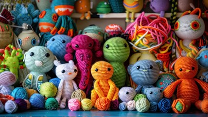 A colorful array of amigurumi creatures displayed alongside their yarn and hooks