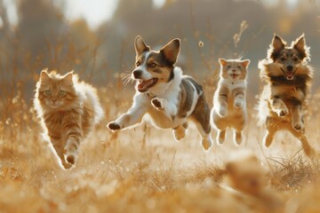 Exuberant Pets Frolicking in the Golden Sunlight: Dogs and Cat Enjoying a Field Run