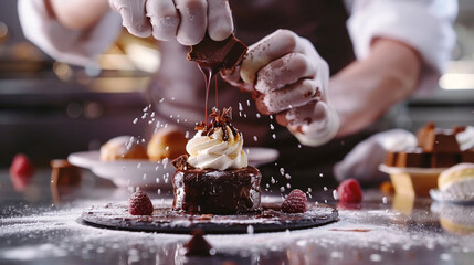 A close-up of a skilled pastry chef creating intricate and delectable chocolate desserts realistic stock photography - obrazy, fototapety, plakaty