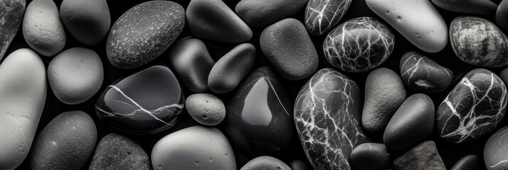 Black and white pebbles background. Abstract background of stones. Travel and vacation concept with...
