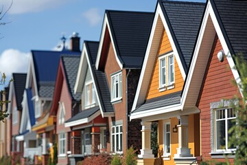 Obraz premium A charming suburban street lined with uniformly styled but colorfully painted houses shining under a clear blue sky