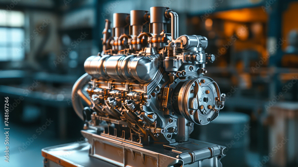 Poster detailed view of a modern engine being produced at a factory, showcasing intricate design and high-t