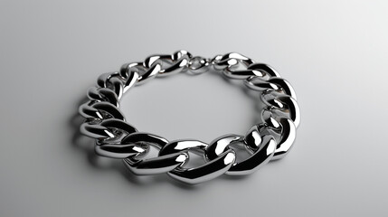Obraz premium Primer plano de pulsera de plata de forma redonda con eslabones grandes de cadena sobre mesa blanca y fondo blanco.