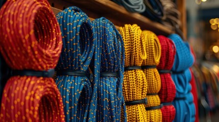 a close up of a bunch of different colored cords on a rack in a store with lights in the background.