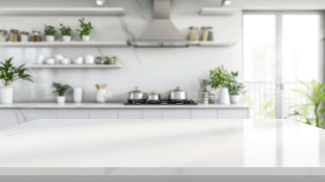 Modern empty white marble table for product display with kitchen room interior background