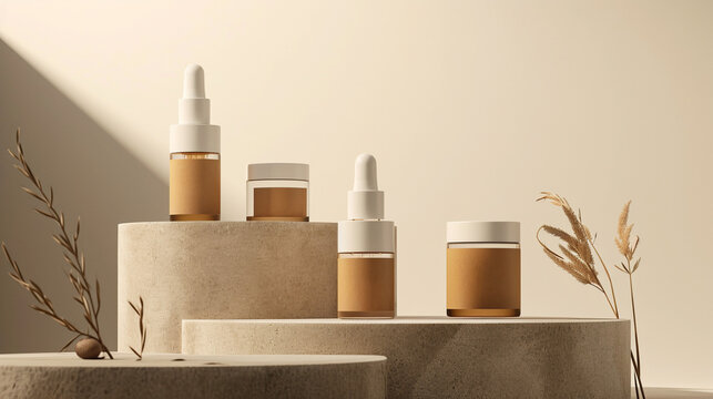 Maqueta de cuatro frascos de cosm&eacute;ticos o maquillaje sobre un pedestal. Tarros para tratamiento de belleza.