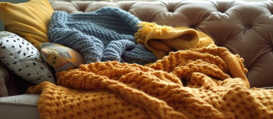 A soft, knitted blanket and fluffy pillows neatly arranged on a cozy couch, creating a warm and inviting atmosphere in a living room.