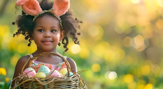 Cute African American little girl with painted Easter eggs in basket and bunny ears in hair decoration in hair background. Stylish spring design portrait with eggs and flowers. Happy Easter Holiday 