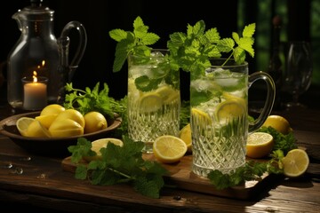 Refreshing glass of water with lemon and ice, served with a straw, reminiscent of a mojito - 748167641