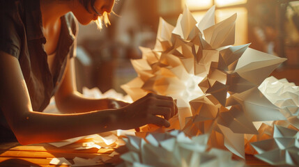 A close-up of a skilled paper artist creating intricate origami sculptures in a sunlit room realistic stock photography