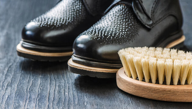close up of black female leather boots, brush and shoe care kit over black background