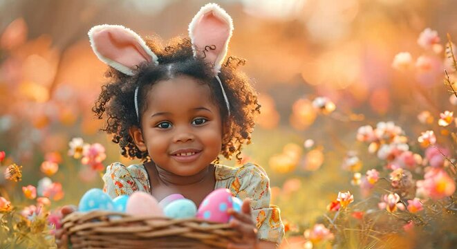 Cute African American little girl with painted Easter eggs in basket and bunny ears in hair decoration in hair background. Stylish spring design portrait with eggs and flowers. Happy Easter Holiday 4k